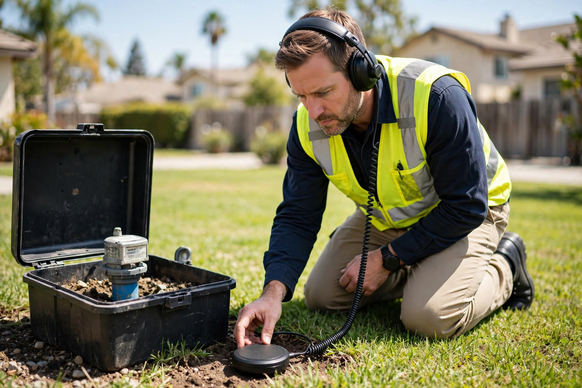 Leak detection specialist using acoustic equipment in Santee CA
